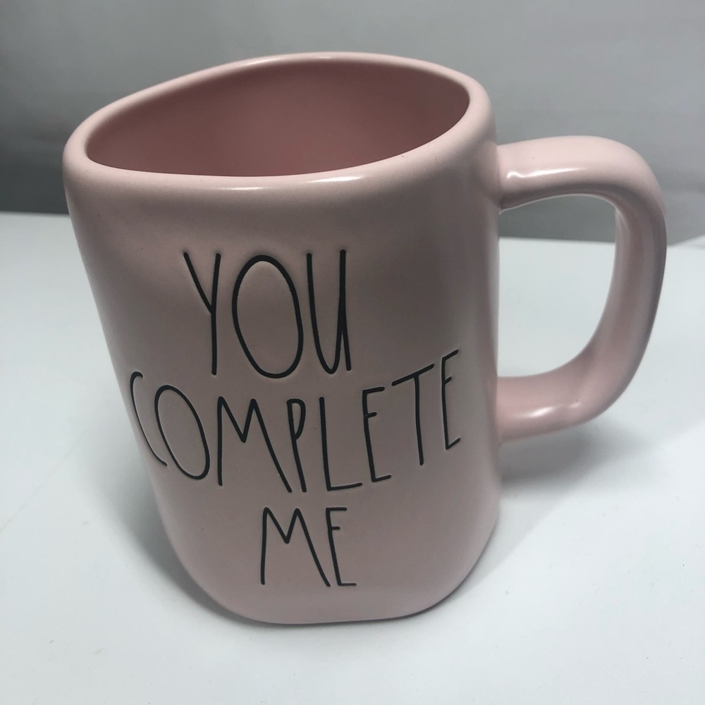 Rae Dunn mug light pink with quote “you complete me”